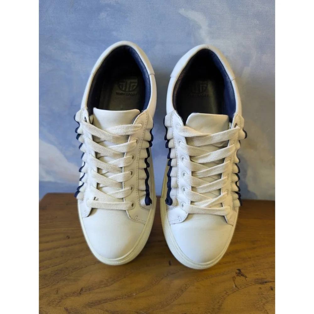Tory Burch Sport White Blue Ruffle Leather Sneakers Women Size 7M